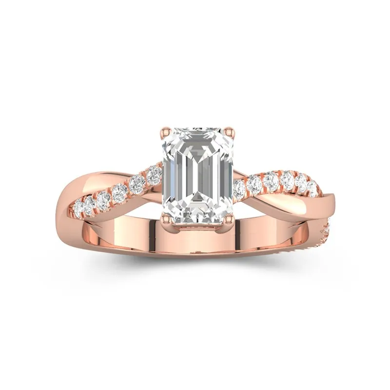 1 CT Emerald Cut Moissanite Twisted Infinity Pave Engagement Ring 14K Rose Gold