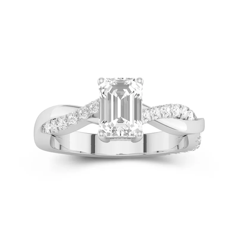 1 CT Emerald Cut Moissanite Twisted Infinity Pave Engagement Ring 14K White Gold