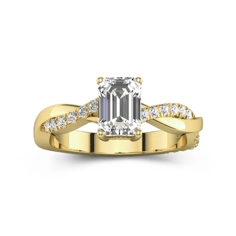1 CT Emerald Cut Moissanite Twisted Infinity Pave Engagement Ring 14K Yellow Gold
