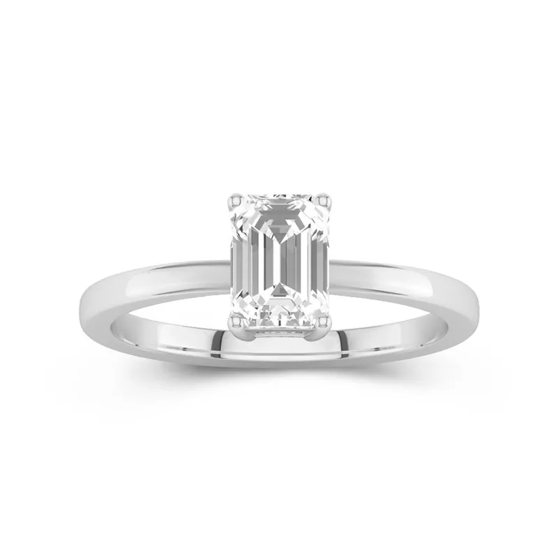 1 CT Emerald Cut Moissanite Solitaire Hidden Halo Engagement Ring 14K White Gold