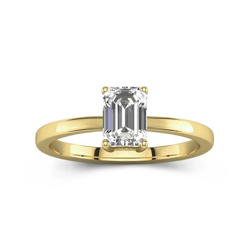 1 CT Emerald Cut Moissanite Solitaire Hidden Halo Engagement Ring 14K Yellow Gold
