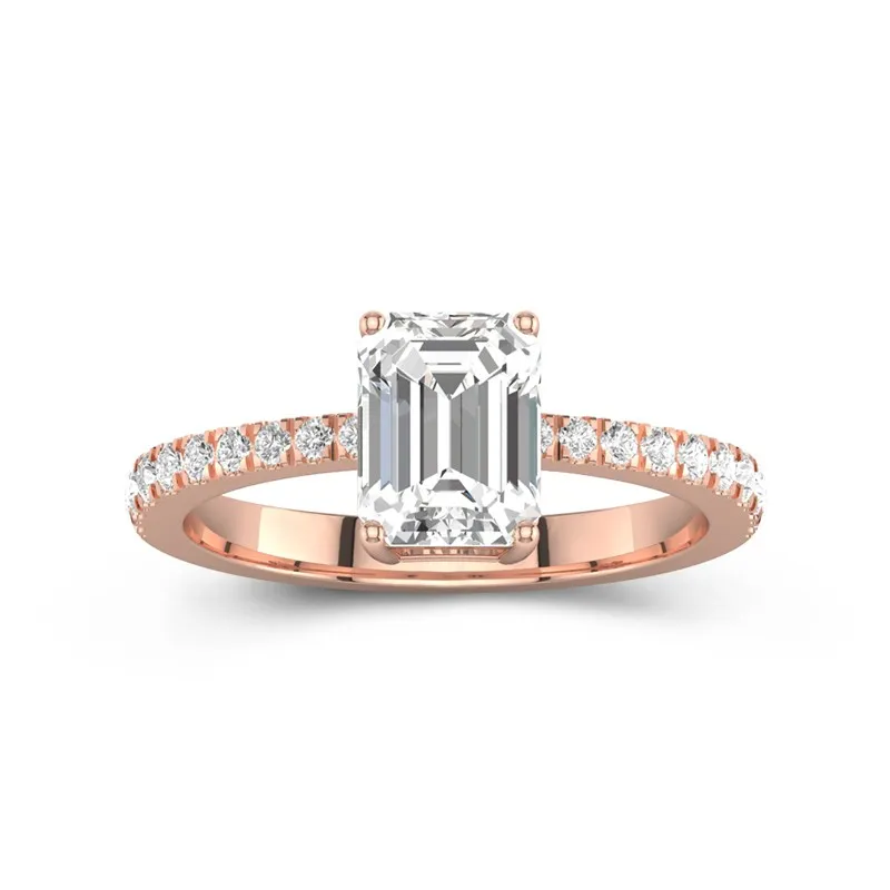 2 CT Emerald Cut Moissanite Pave Tapered Engagement Ring 14K Rose Gold