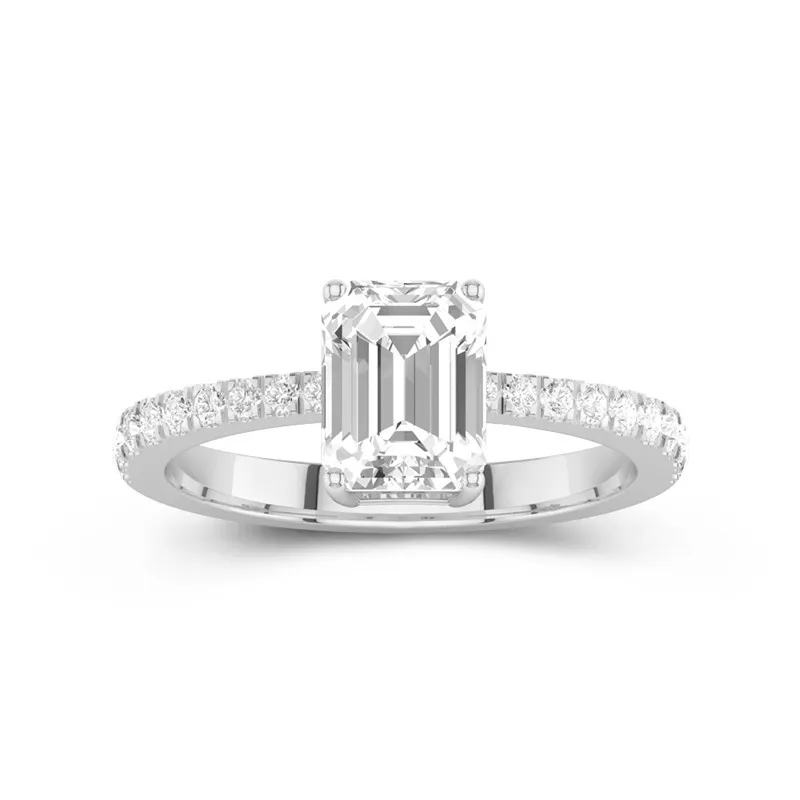 2 CT Emerald Cut Moissanite Pave Tapered Engagement Ring 14K White Gold