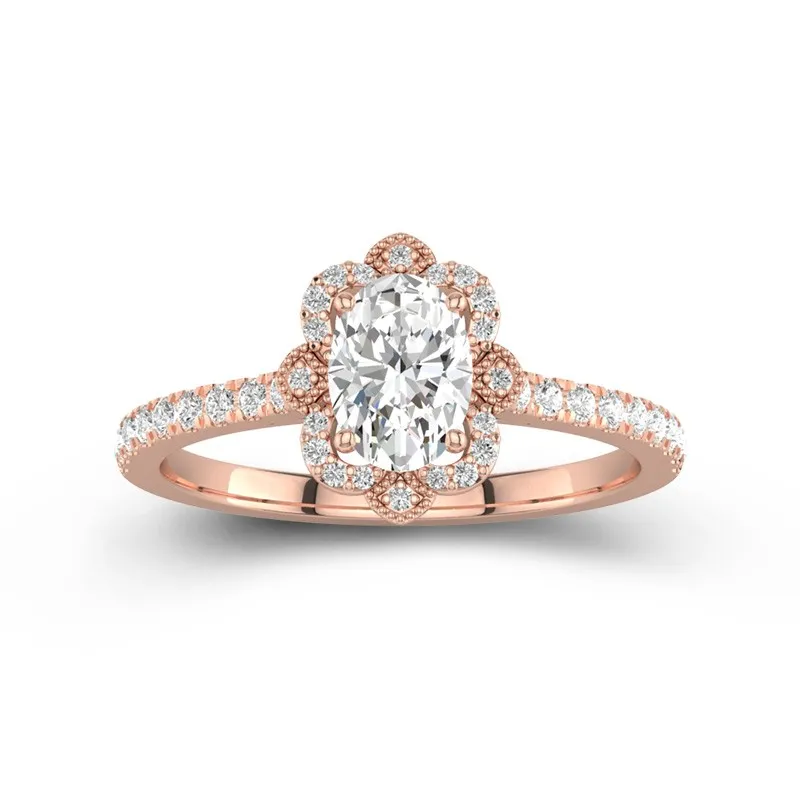 1 CT Oval Cut Moissanite Vintage Halo Flower Milgrain Engagement Ring 14K Rose Gold