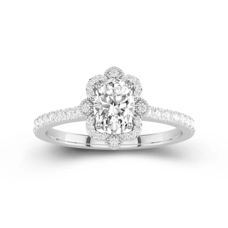 1 CT Oval Cut Moissanite Vintage Halo Flower Milgrain Engagement Ring 14K White Gold