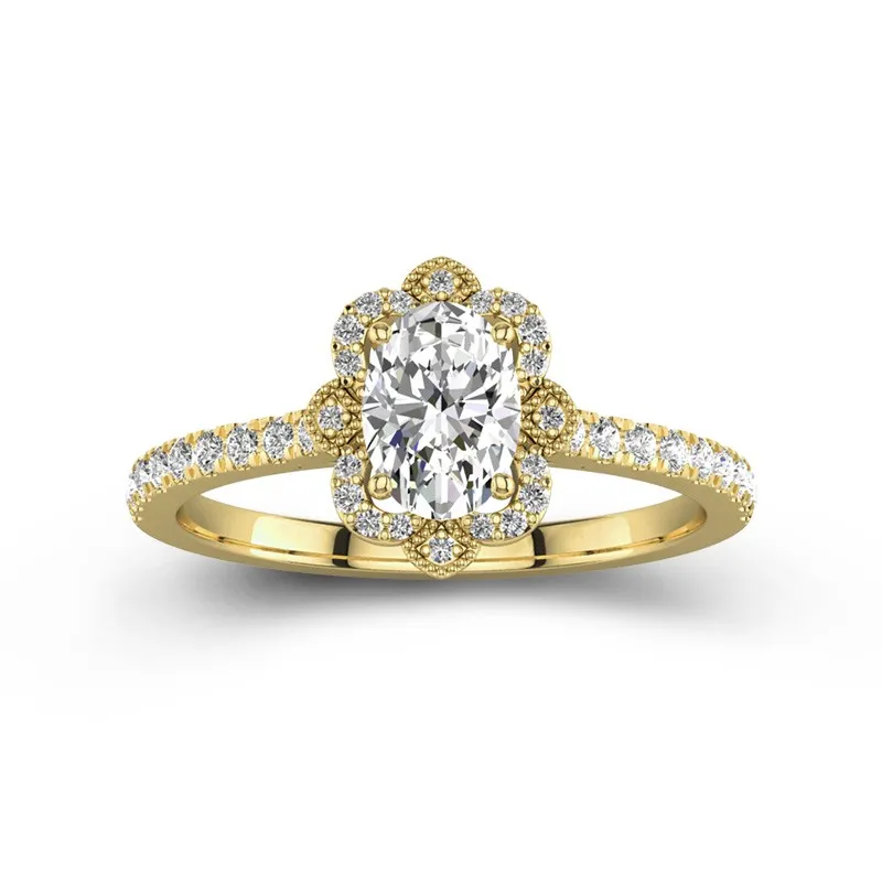 1 CT Oval Cut Moissanite Vintage Halo Flower Milgrain Engagement Ring 14K Yellow Gold