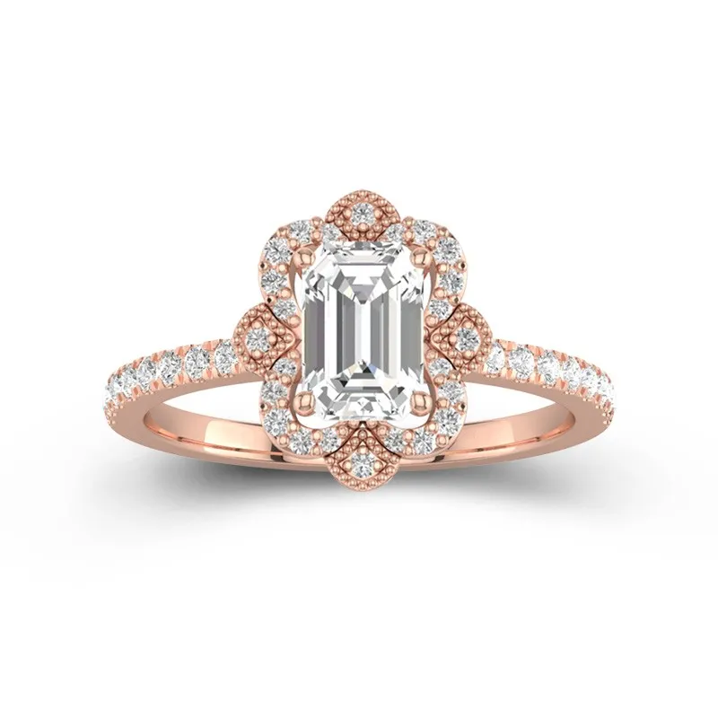 1 CT Emerald Cut Moissanite Vintage Halo Milgrain Flower Engagement Ring 14K Rose Gold