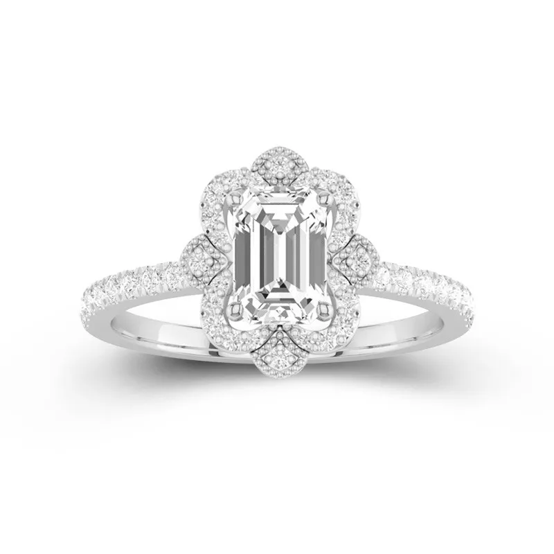 1 CT Emerald Cut Moissanite Vintage Halo Milgrain Flower Engagement Ring 14K White Gold