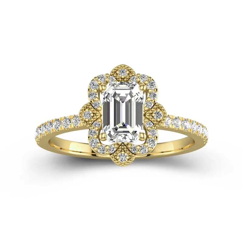 1 CT Emerald Cut Moissanite Vintage Halo Milgrain Flower Engagement Ring 14K Yellow Gold