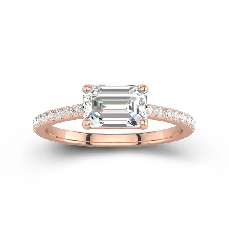 2 CT Emerald Cut Moissanite East West Pave Classic Engagement Ring 14K Rose Gold