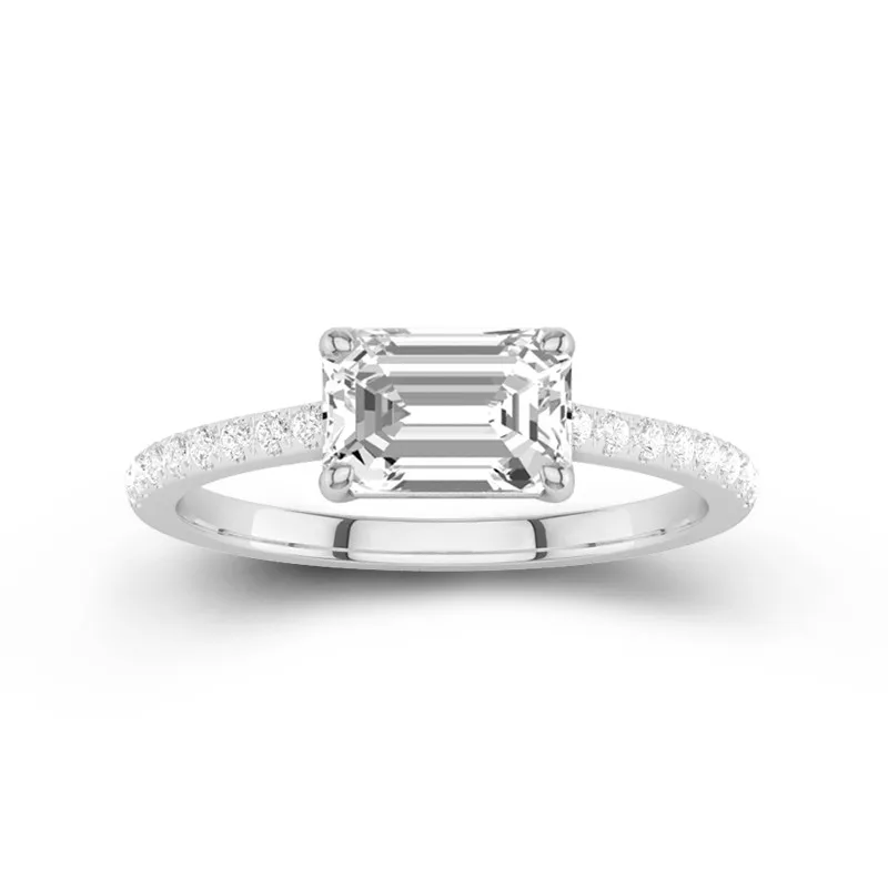 2 CT Emerald Cut Moissanite East West Pave Classic Engagement Ring 14K White Gold