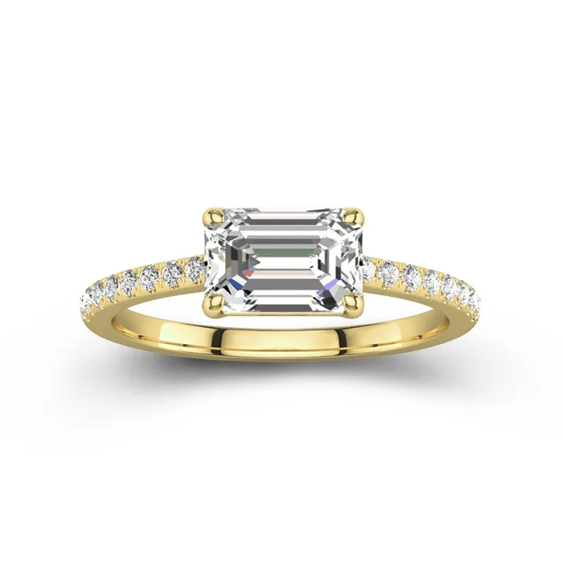 2 CT Emerald Cut Moissanite East West Pave Classic Engagement Ring 14K Yellow Gold