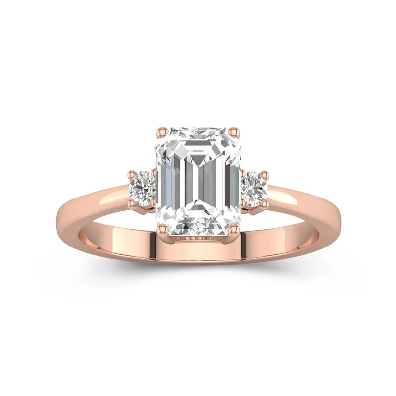 2 CT Emerald Cut Moissanite Tapered Three Stone Round Side Stone Engagement Ring 14K Rose Gold