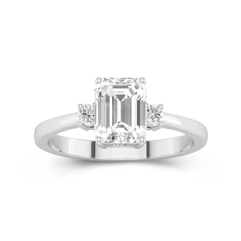 2 CT Emerald Cut Moissanite Tapered Three Stone Round Side Stone Engagement Ring 14K White Gold