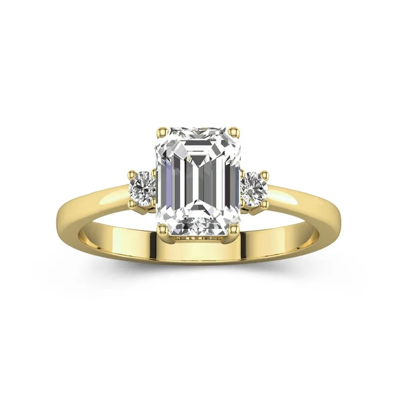 2 CT Emerald Cut Moissanite Tapered Three Stone Round Side Stone Engagement Ring 14K Yellow Gold