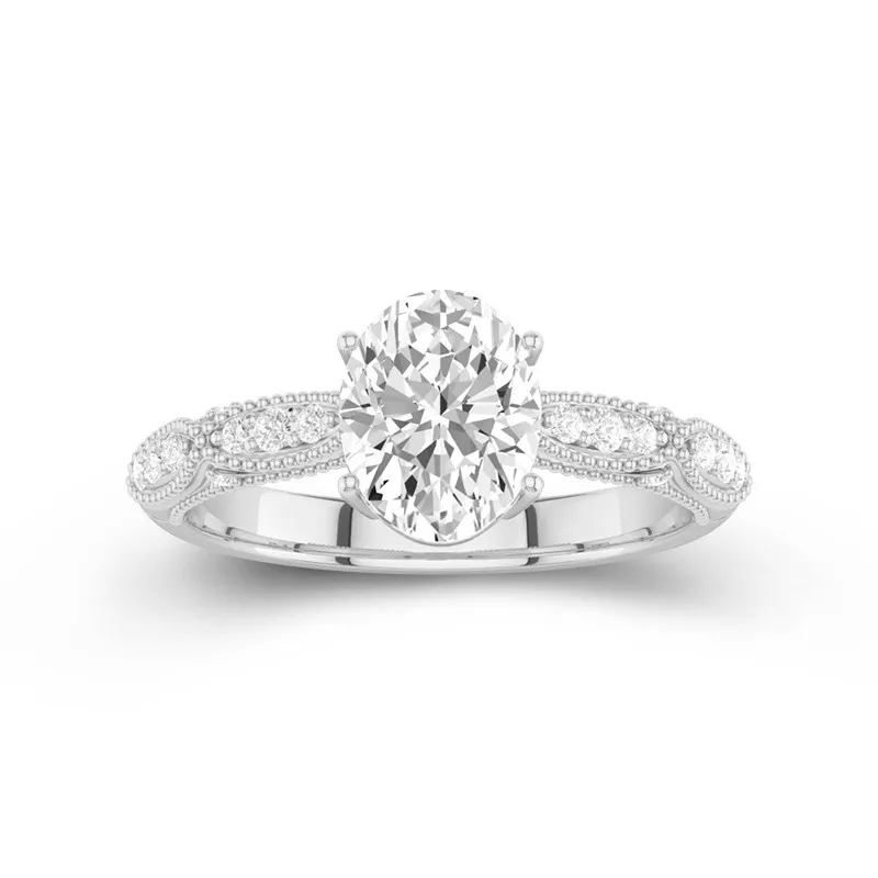 2 CT Oval Cut Moissanite Vintage Milgrain Custom Engagement Ring 14K White Gold
