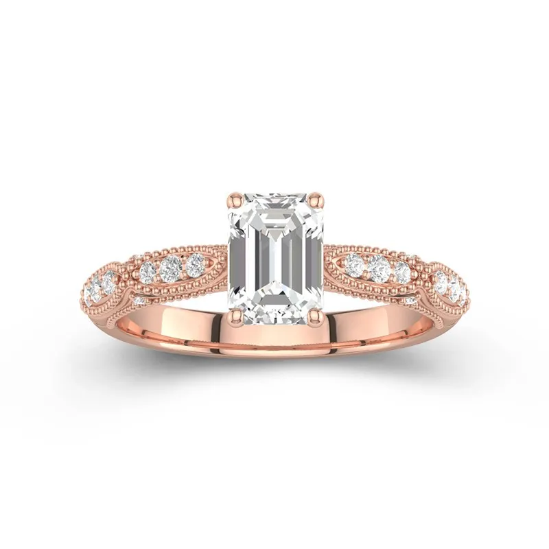 1 CT Emerald Cut Moissanite Antique Milgrain Custom Engagement Ring 14K Rose Gold