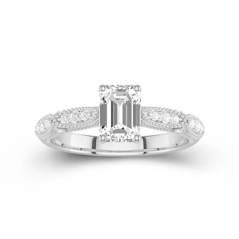 1 CT Emerald Cut Moissanite Antique Milgrain Custom Engagement Ring 14K White Gold
