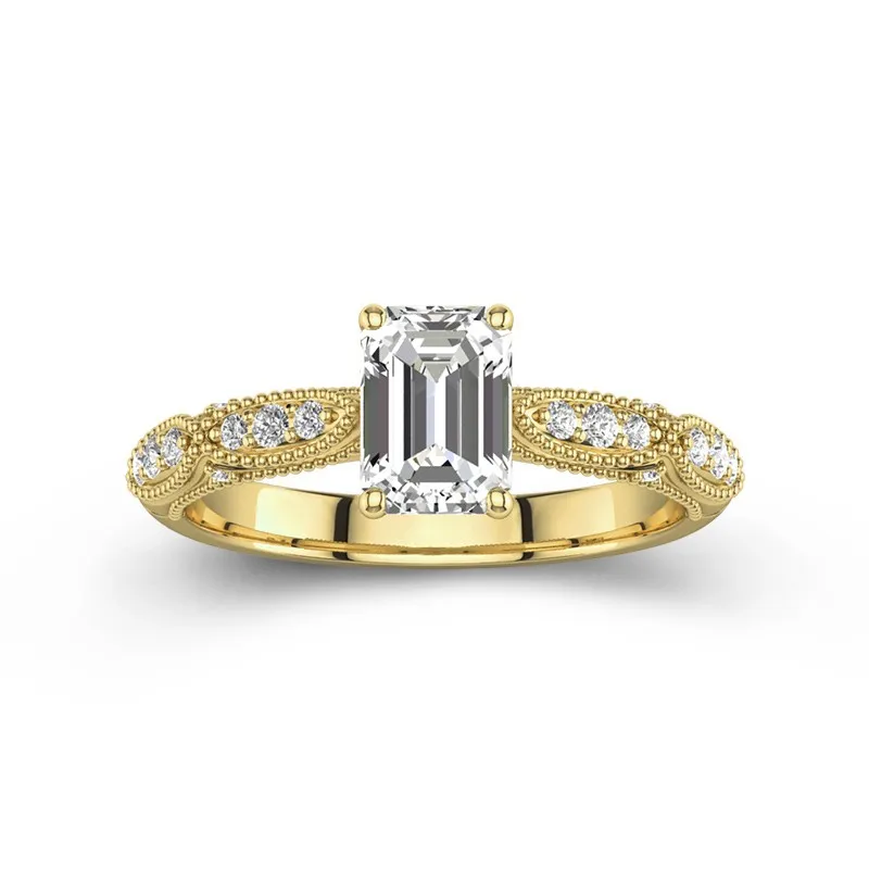 1 CT Emerald Cut Moissanite Antique Milgrain Custom Engagement Ring 14K Yellow Gold