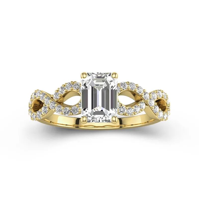 1 CT Emerald Cut Moissanite Unique Infinity Engagement Ring 14K Yellow Gold