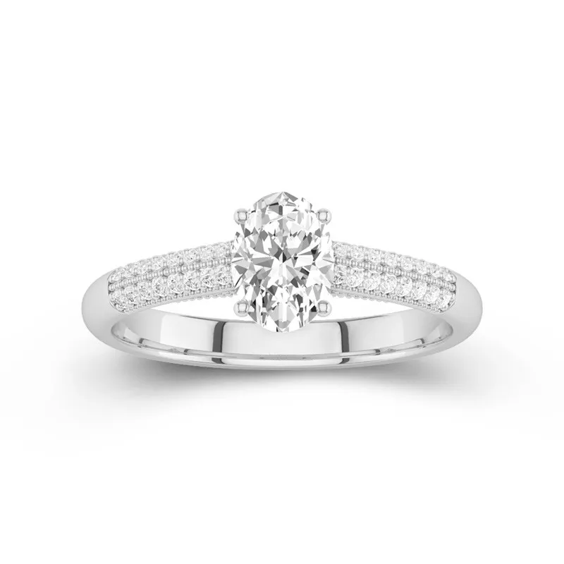 1 CT Oval Cut Moissanite Pave Classic Beaded Engagement Ring 14K White Gold