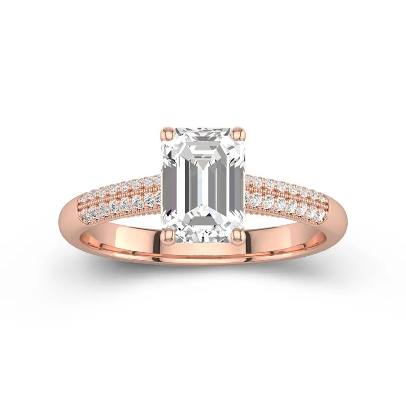 2 CT Emerald Cut Moissanite Classic Pave Beaded Engagement Ring 14K Rose Gold