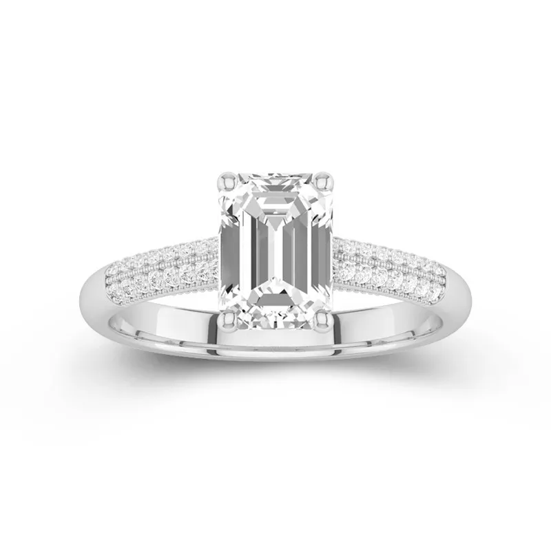 2 CT Emerald Cut Moissanite Classic Pave Beaded Engagement Ring 14K White Gold