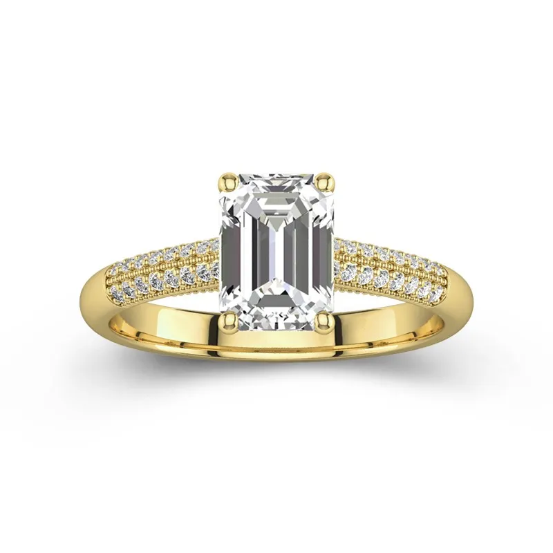 2 CT Emerald Cut Moissanite Classic Pave Beaded Engagement Ring 14K Yellow Gold