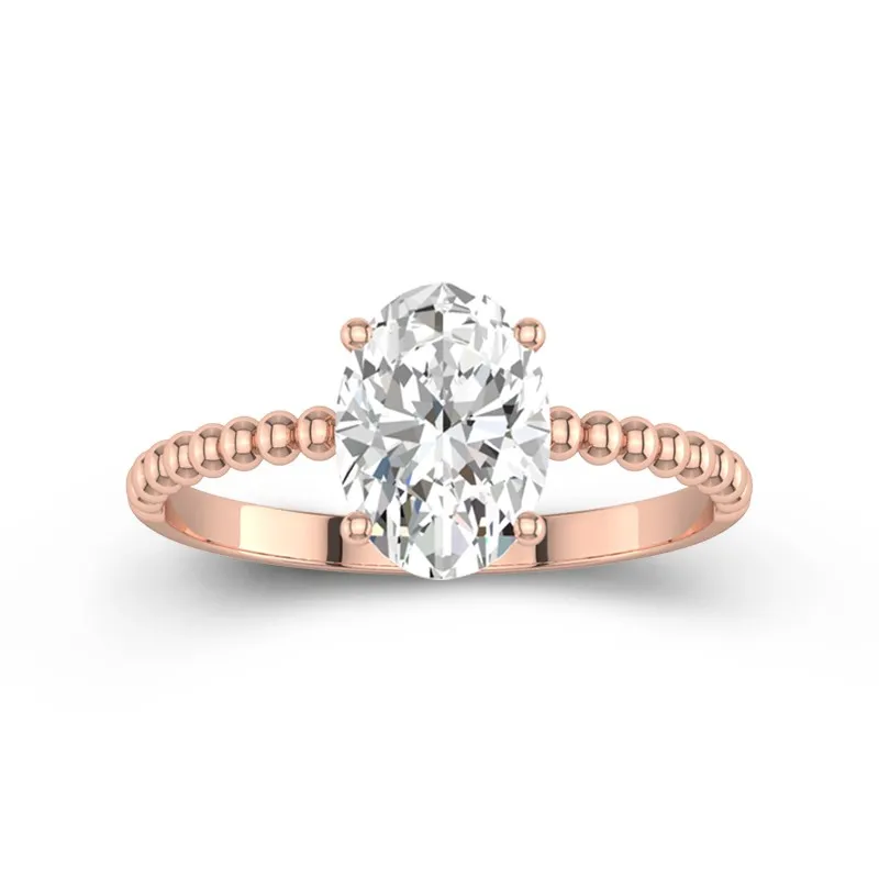 2 CT Oval Cut Moissanite Solitaire Beaded Unique Engagement Ring 14K Rose Gold