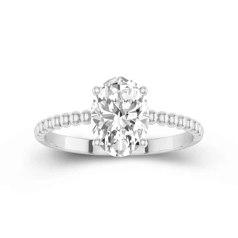 2 CT Oval Cut Moissanite Solitaire Beaded Unique Engagement Ring 14K White Gold