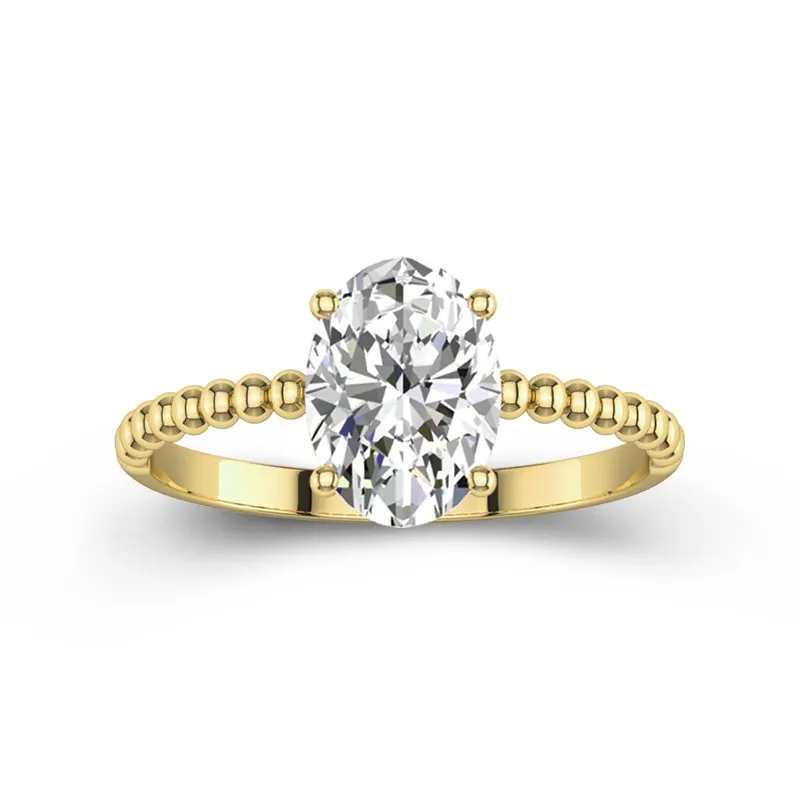 2 CT Oval Cut Moissanite Solitaire Beaded Unique Engagement Ring 14K Yellow Gold
