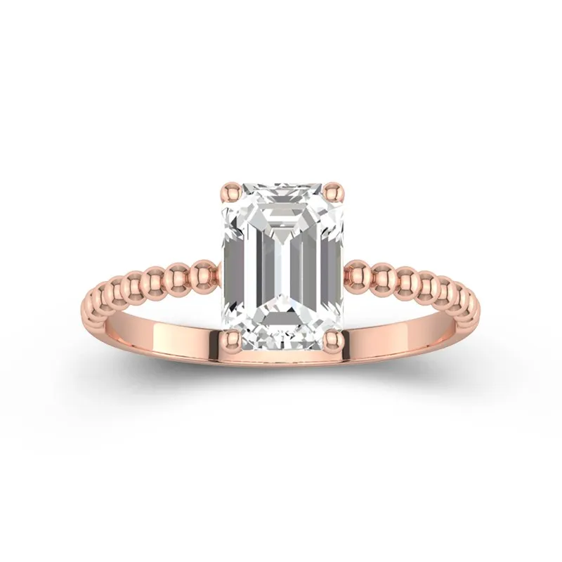 2 CT Emerald Cut Moissanite Solitaire Unique Beaded Engagement Ring 14K Rose Gold