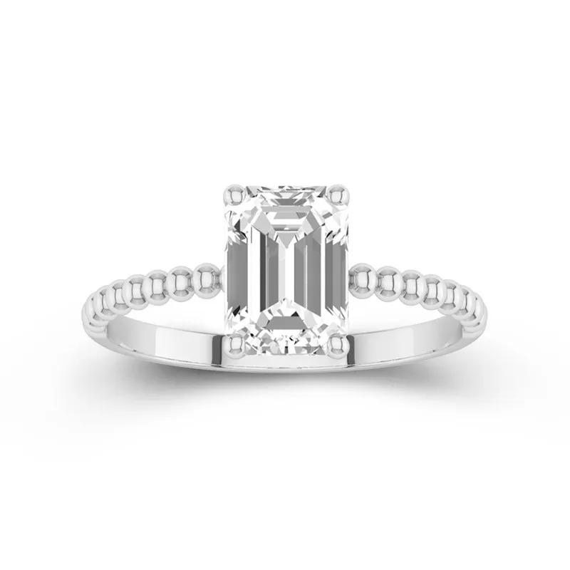 2 CT Emerald Cut Moissanite Solitaire Unique Beaded Engagement Ring 14K White Gold