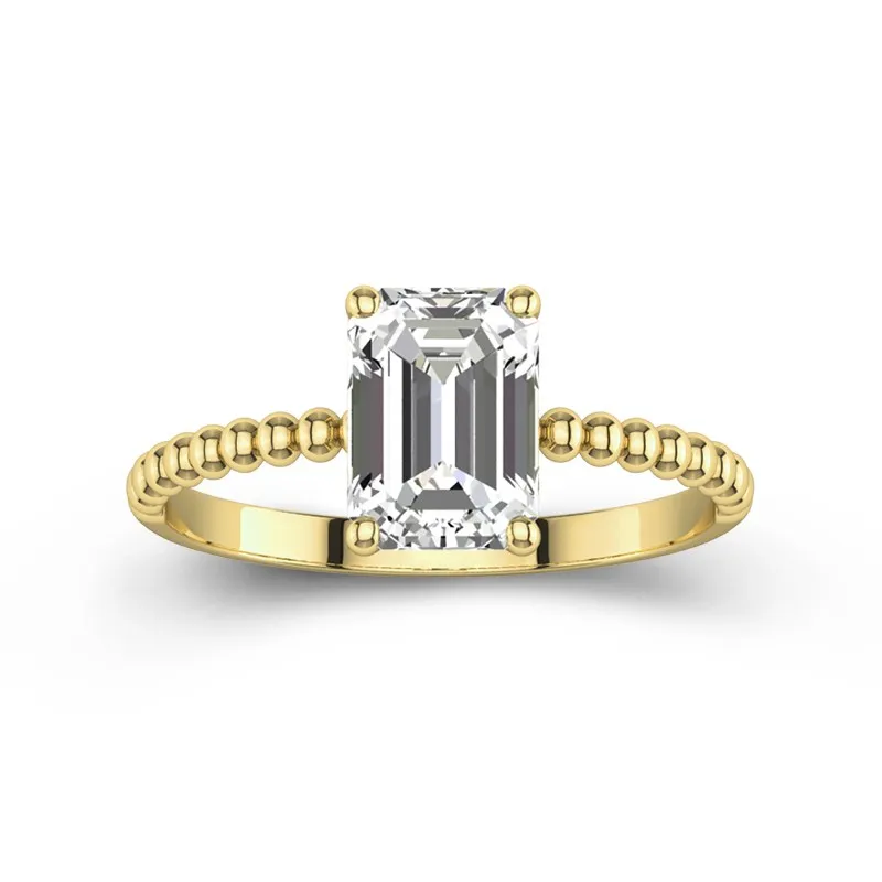 2 CT Emerald Cut Moissanite Solitaire Unique Beaded Engagement Ring 14K Yellow Gold