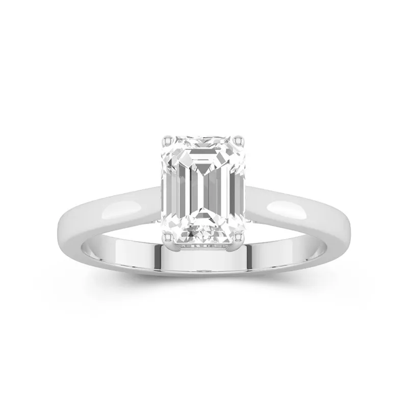 2 CT Emerald Cut Moissanite Solitaire Trellis Hidden Halo Engagement Ring 14K White Gold