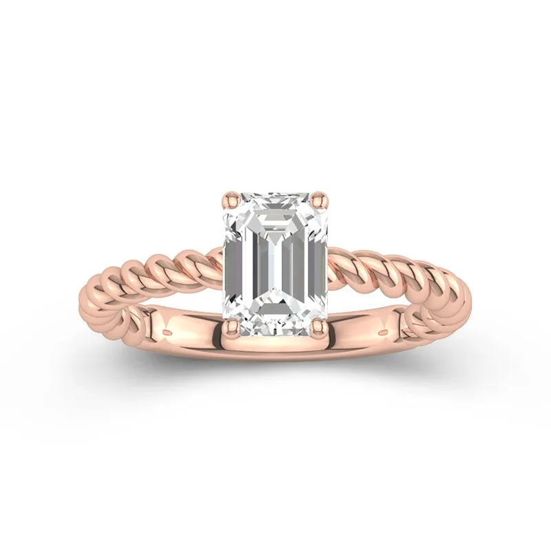 2 CT Emerald Cut Moissanite Twisted Rope Solitaire Engagement Ring 14K Rose Gold