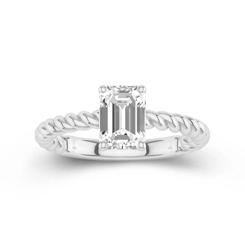 2 CT Emerald Cut Moissanite Twisted Rope Solitaire Engagement Ring 14K White Gold