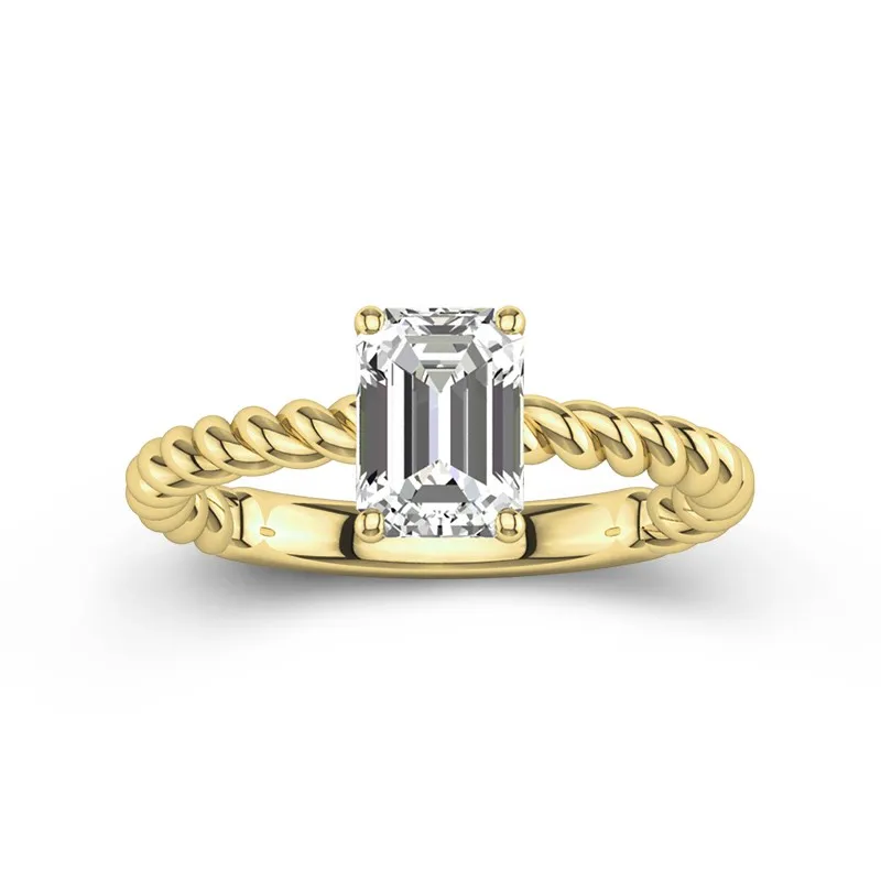 2 CT Emerald Cut Moissanite Twisted Rope Solitaire Engagement Ring 14K Yellow Gold