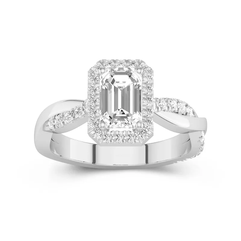 2 CT Emerald Cut Moissanite Twisted Halo Infinity Engagement Ring 14K White Gold