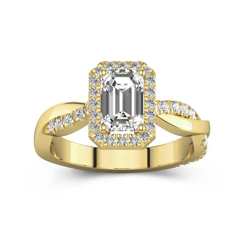2 CT Emerald Cut Moissanite Twisted Halo Infinity Engagement Ring 14K Yellow Gold