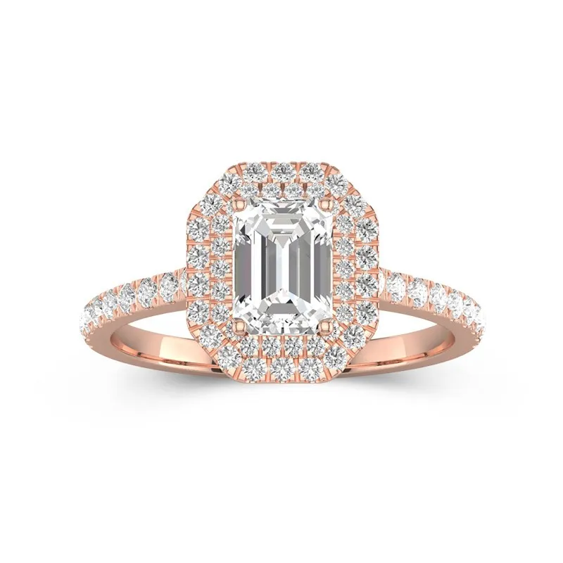Emerald Cut 1 CT Moissanite Double Halo Classic Engagement Ring 14K Rose Gold
