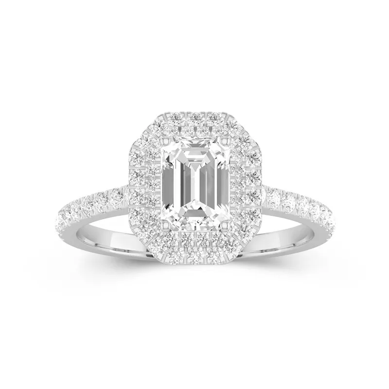 Emerald Cut 1 CT Moissanite Double Halo Classic Engagement Ring 14K White Gold