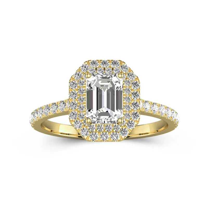 Emerald Cut 1 CT Moissanite Double Halo Classic Engagement Ring 14K Yellow Gold