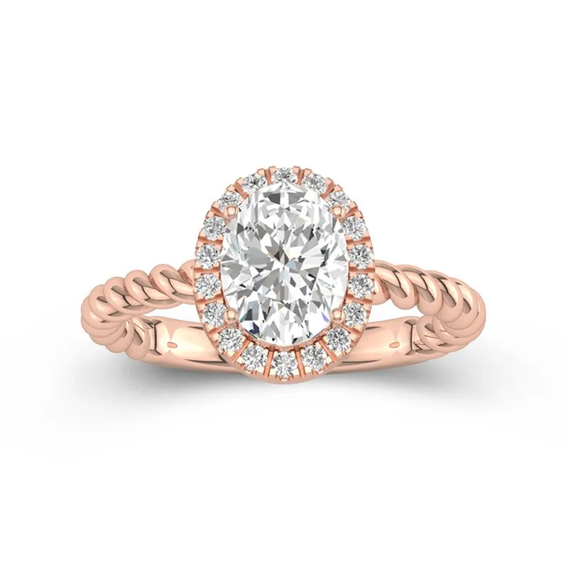 2 CT Oval Cut Moissanite Halo Twisted Rope Engagement Ring 14K Rose Gold