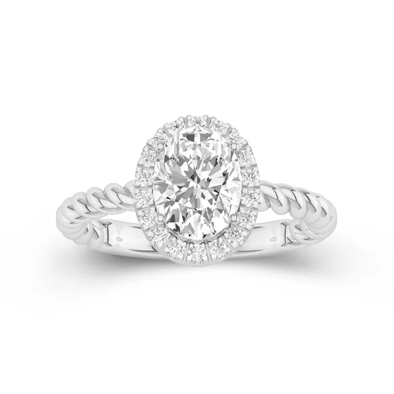 2 CT Oval Cut Moissanite Halo Twisted Rope Engagement Ring 14K White Gold