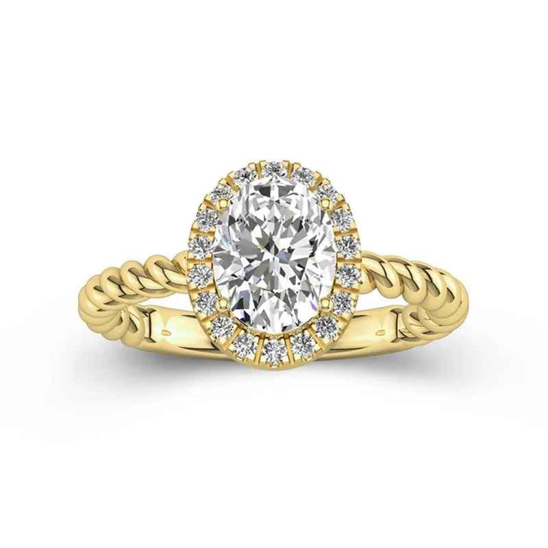 2 CT Oval Cut Moissanite Halo Twisted Rope Engagement Ring 14K Yellow Gold