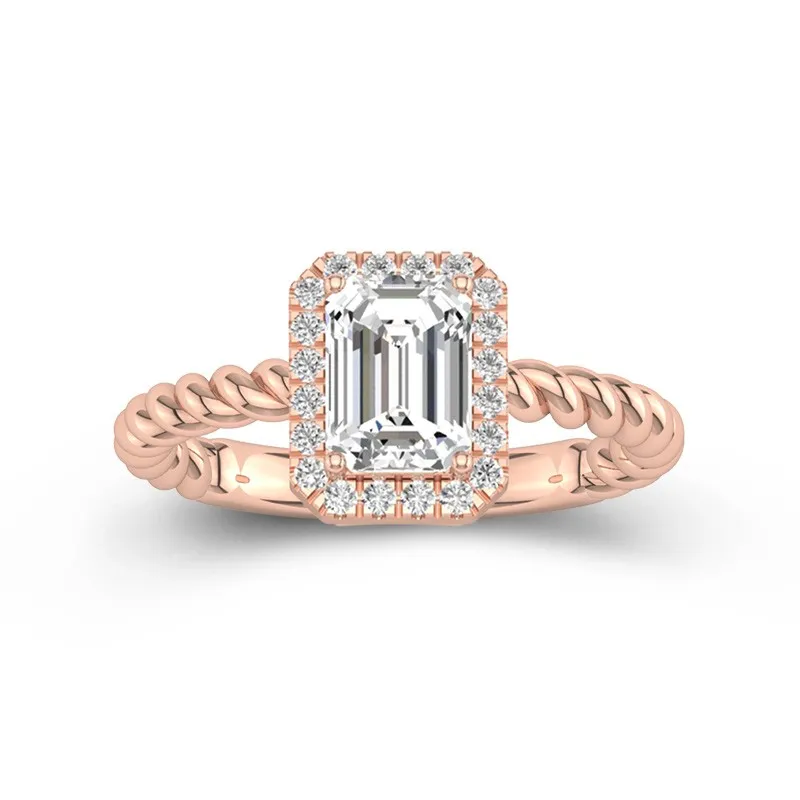 2 CT Emerald Cut Moissanite Twisted Rope Halo Engagement Ring 14K Rose Gold