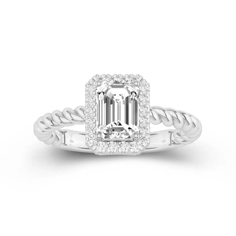 2 CT Emerald Cut Moissanite Twisted Rope Halo Engagement Ring 14K White Gold