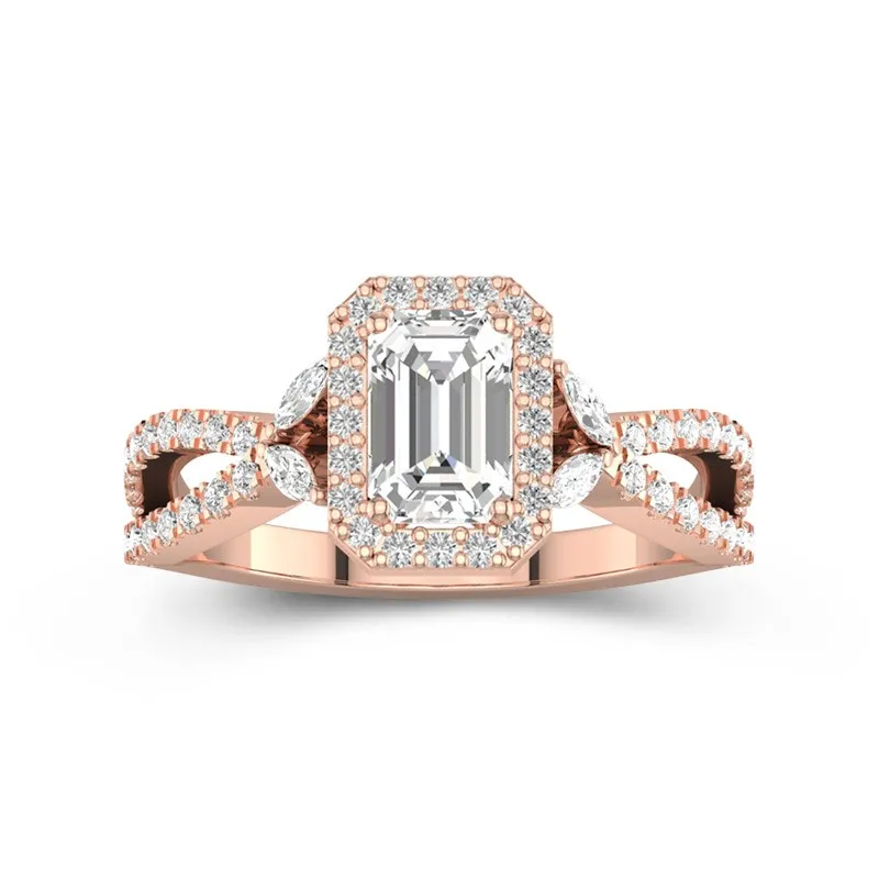1 CT Emerald Cut Moissanite Twisted Halo Infinity Leaf Engagement Ring 14K Rose Gold