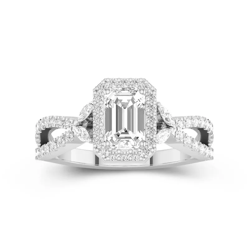 1 CT Emerald Cut Moissanite Twisted Halo Infinity Leaf Engagement Ring 14K White Gold